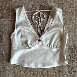 Y2K Satin Cami Tank Ivory Lace Trim Tie Back Minimalist Crop Top M Wild Fable